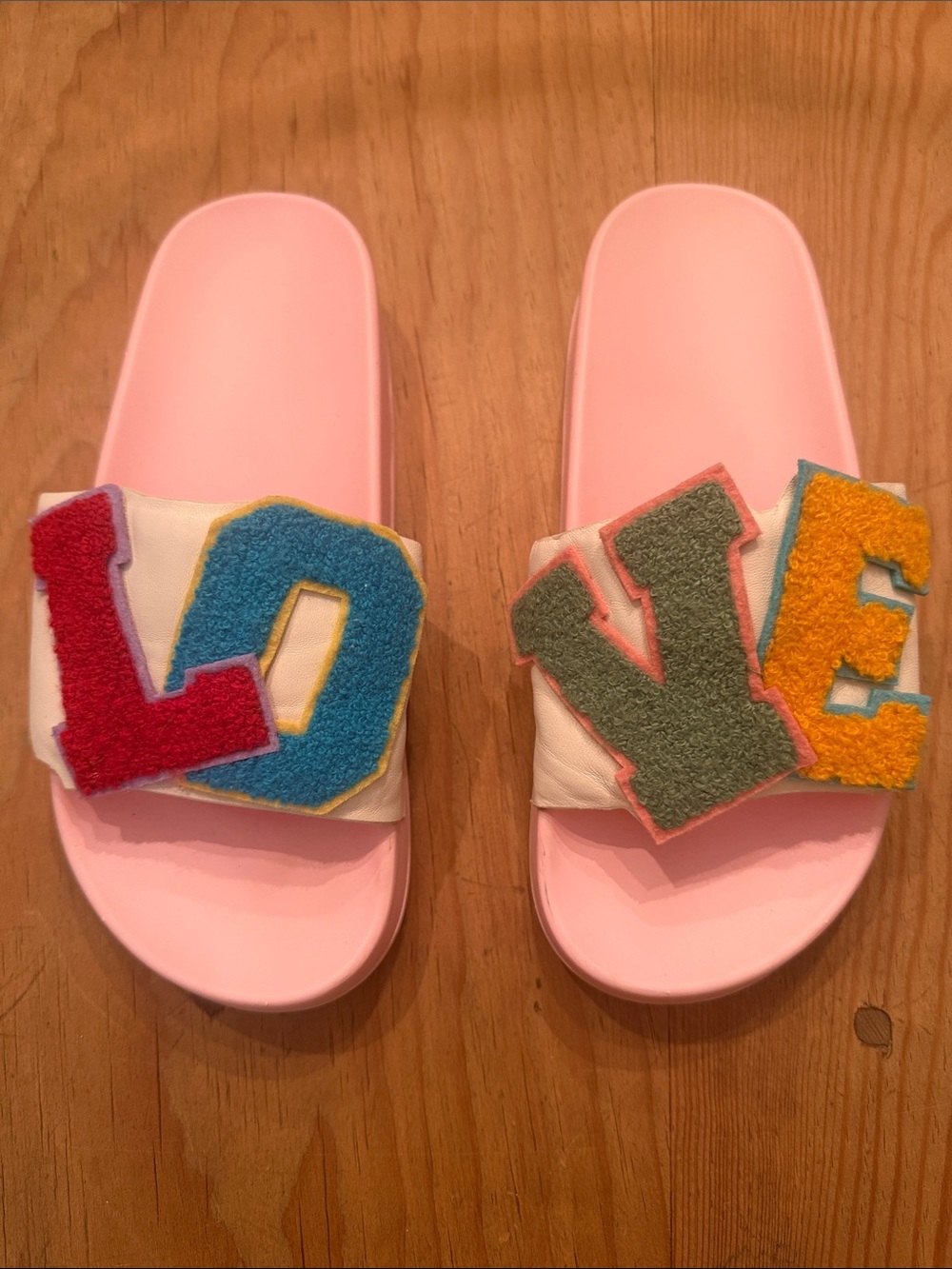 Tory Burch Pink Slide Sandals with Multicolor 'LOVE' Appliqué